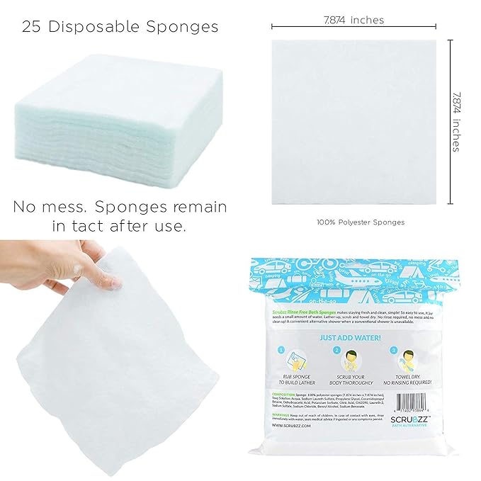 Scrubzz Disposable No Rinse Bathing Wipes - All-in-1 Single Use Shower Wipes, Simply Dampen, Lather, and Dry Without Shampoo or Rinsing (Unscented, 2-Pack)