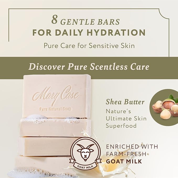 Mary Case Goat Milk & Shea Butter Bar Soap Set of 8 | Natural Soap with Olive & Coconut Oils | Fragrance-Free Bath Soap for Men & Women | Deep Nourishing & Soothing Sensitive Skin