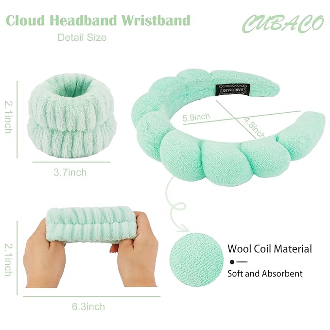CUBACO Spa Headband and Wristband Set for Women with Ice Jade Roller and Gua Sha, Skin Care Set Tools Puffy Makeup Headband Teen Girl Gifts Trendy Stuff Hair Accessories for Women