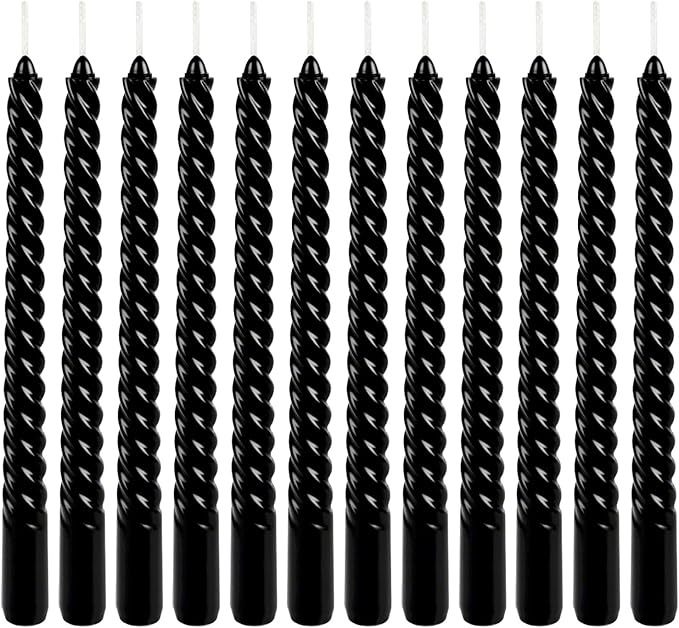 WPONSZU 10 Inch Black Spiral Taper Candle Set, 12 Pack Unscented Dripless Candlesticks for Halloween,Dinner,Party Brithday Wedding and Home Decoration