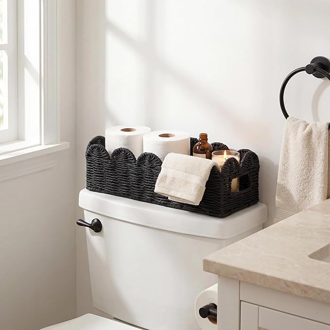 Scalloped Toilet Tank Basket for Back of Toilet, Black Wicker Bathroom Tray for Toilet Paper Storage, Bathroom Organizer for Tank Top, Countertop & Small Spaces