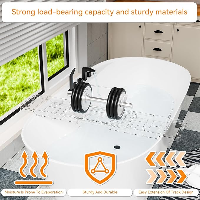 Yieach Luxury Clear Bathtub Shelf Across Tub,Expandable Plastic Bathtub Tray Over The Tub Bath Caddy,Free Standing Bath Table Board & Accessories for Women Relaxing with Reading Book and Ipad Holder
