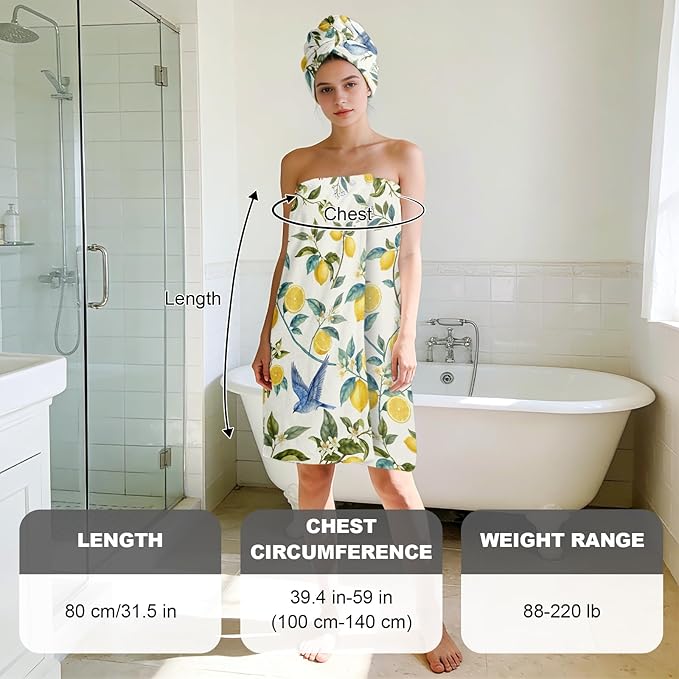Absorbent Bath Towel Wrap Set for Women, Hummingbird Lemon Print Towel Wrap After Shower, Microfiber Shower Robe Body Towel Wraps for Women, Quick Dry Hair Towels Wraps for Spa Hotel Beach Girl