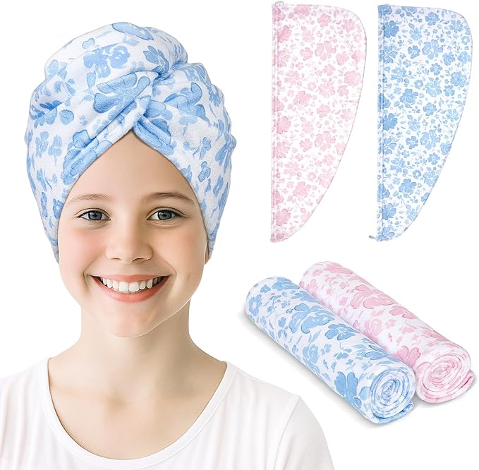 Unicorn Castle Microfiber Hair Towel for Kids 2Pack Hair Wrap Towels Absorbent Hair Drying Towel Wrap Hair Turbans for Curly Thick Hair,Pink Blue Flower