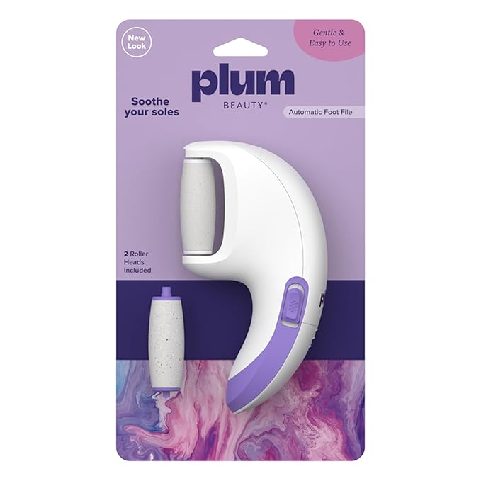 Plum Beauty Automatic Foot File – Electronic Callus Remover for Feet – Includes 2 Roller Heads (Coarse & Regular) – Portable Pedicure Tool for Dry & Rough Skin – Use Wet or Dry