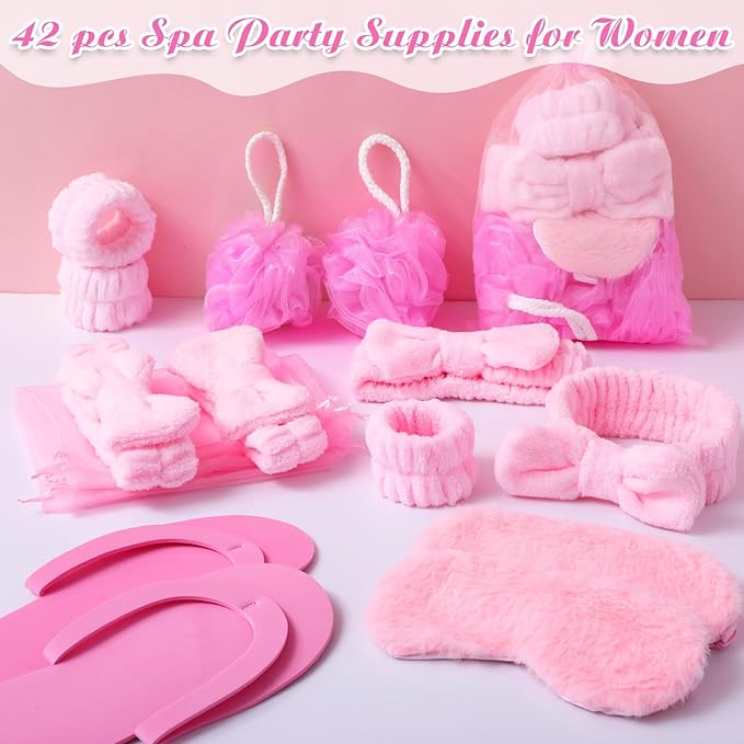Moucuny 42 Pcs Summer Spa Sleepover Party Supplies Bulk for Women Include 6 Pink Hairbands 6 Eye Masks 12 Wristbands 6 Bath Loofahs 6 Pairs Disposable Slippers 6 Organizer Bags(Classic)