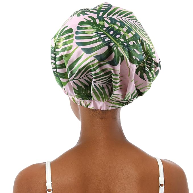 Shower Cap for Women Reusable Waterproof Bath Cap for Long Hair Cap for Shower Cute Extra Large Turban Shower Cap for Braids(Plantain Leaves)