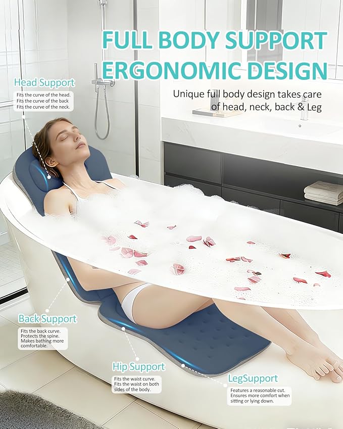 Full Body Bath Pillow for Bathtub, 5D Thick Tub Pillow for Bathtub with 192 Non-Slip Suction Cups, Laundry Bag & Hook, Bathtub Pillow for Head, Neck & Back Support (Misty Blue, 51"*15")