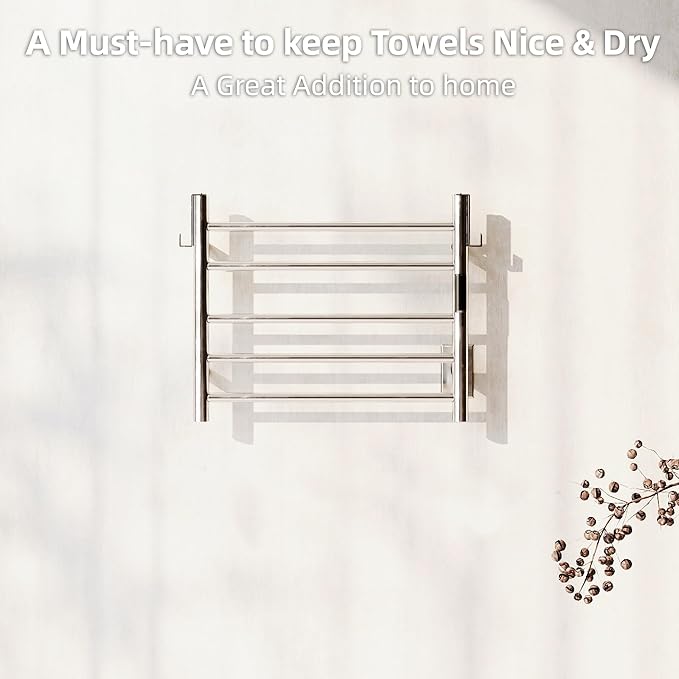 P&Dlusir Towel Warmer, Heated Towel Rack with Smart Timer and Thermo Control, Wall-Mounted Heated Towel Rail, Stainless Steel, Hard-Wired/Plug-in, Polished, 5 bar