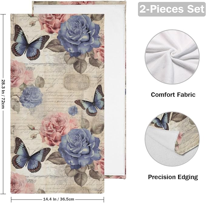 Vintage Pink Blue Rose Floral Butterfly Hand Towels for Bathroom Set of 2,Retro Peony Flower Decorative Bathroom Towels for Bath,Face,Hair,Soft Absorbent Dish Towels for Kitchen Decor 28"x14"