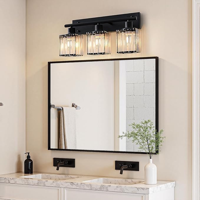 Bathroom Light, 3-Light Modern Crystal Vanity Light, Bathroom Lighting Fixtures Over Mirror Wall Sconces for Powder Room, Living Room, Bedroom, Hallway (Included 3 E26 Bulbs)