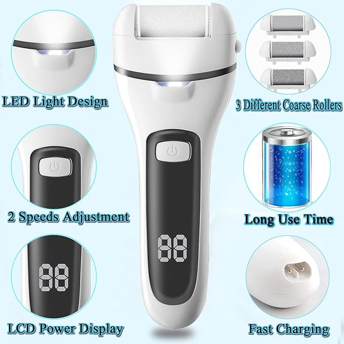 Callus Remover for Feet, 13-in-1 Professional Pedicure Tools Foot Care Kit, Foot Scrubber Electric Feet File Pedi for Hard Cracked Dry Dead Skin, 3 Rollers, 2 Speed, Battery Display (White&Grey)