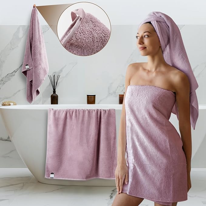 SEMAXE Purple Bath Towel, 100% Cotton Bath Towel with Hanging Loop, 55 x 27 Inch, Soft Absorbent & Quick Dry, for Bathroom & Travel