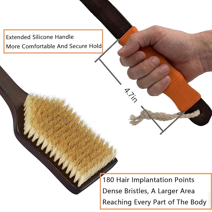 Back Scrubber Shower Brush,Dry Brushing Body Brush with 17.7 Inch Curved Long Handle, Natural Bristles for Lymphatic Drainage, Soft & Stiff Bristles Available (Gray Handle, Stiff)