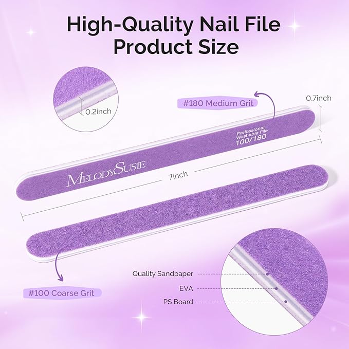 MelodySusie Nail File Kit, 2Pcs Double Sided 100/180 Grit Straight Shape Emery Boards for Nails, Professional Nail Art Manicure Pedicure Supplies for Home and Salon Use, Mothers Day Gifts, Purple