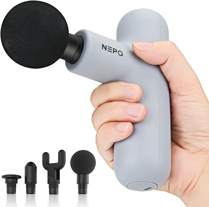 NEPQ Mini Massage Gun, SK6 Fascial Gun Portable Deep Tissue Percussion Muscle Back Head Massager for Pain Relief with 4 Massage Heads 4 Speed High-Intensity Vibration Rechargeable (Gray)