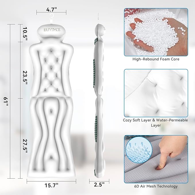 Full Body Bath Pillow for Bathtub RUVINCE Ergonomic Luxury Bathtub Pillow with Head,Neck, Shoulder and Back Support, 6D Bath Pillows for tub with 192 Powerful Suction Cups, Fits All Bathtub