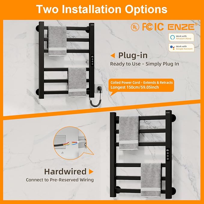 ENZE Smart Heated Towel Rack, 6-Bar Wall-Mounted Electric Towel Warmer 150W, Wi-Fi App Control & LED Touch Screen, Adjustable Temperature & 24H Timer, IPX5, Plug-in/Hardwired, Matte Black
