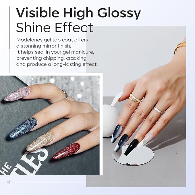 modelones Gel Top Coat, 2Pcs Clear Glossy Finish No Wipe Top Coat Spring Gel Nail Polish, Acrylic Nails Soak Off Nail Lamp Nail Art Home and Professional Manicure 10ML