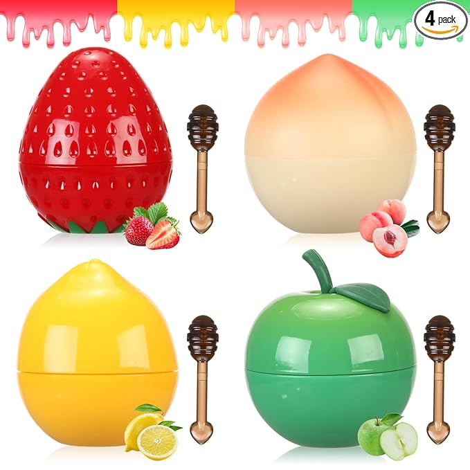 4 PCS Bee Lip Balm Lip Mask Fruit Pot,Lip Balm for Girls,Strawberry & Apple & Lemon & Peach Moisturizing Lip Sleeping Mask Overnight Lip Treatment,Small Gifts for Teen Girls,Mothers Day Gifts