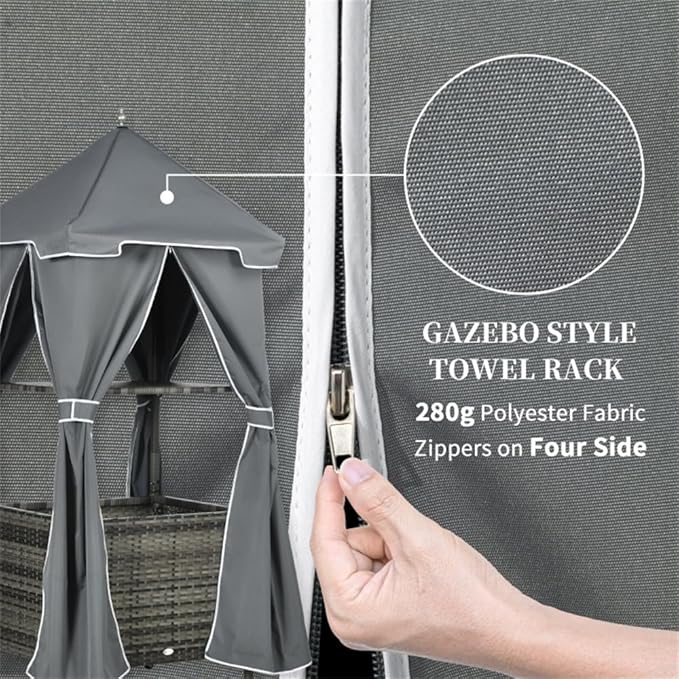 Pool Towel Valet Caddy with Canopy Cover, Hand-Woven PE Rattan Storage Organizer with Wheels, Shelf & Basket for Pool, Patio, Bathroom, Spa - Dark Gray Wicker & Gray Fabric, Assembly Required