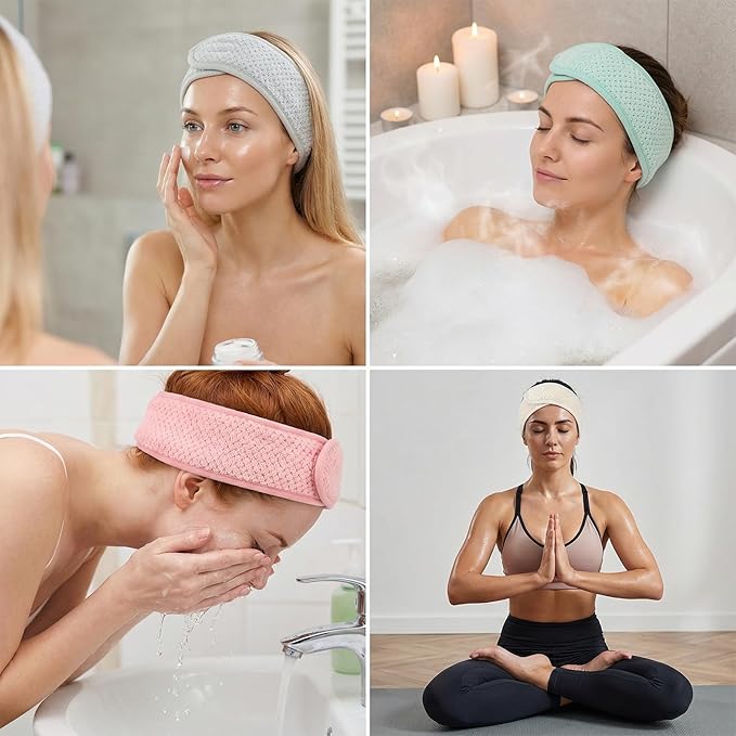 Yolev 4 Pcs Skincare Headbands Adjustable Spa Headbands for Women Cotton Skin Care Headband with Magic Tape 4 Colors Hair Band for Washing Face Makeup Women