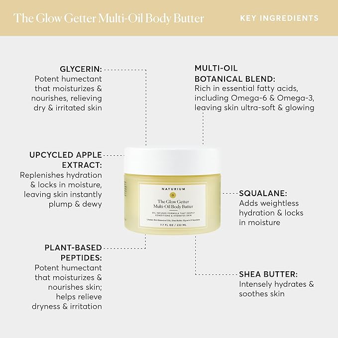 Naturium The Glow Getter Whipped Multi-Oil Body Butter, Firming Cream & Body Moisturizer with Shea Butter, 7.7 fl oz