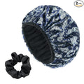 Bandana Satin Shower Cap, Three-Layer Terry Cloth Lined, with Silk Hair Ties, Microfiber Waterproof Reusable Large Size Shower Cap for Women Long Thick Hair (Blue Paisley)