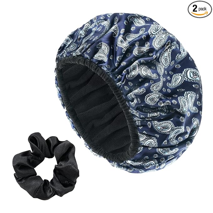 Bandana Satin Shower Cap, Three-Layer Terry Cloth Lined, with Silk Hair Ties, Microfiber Waterproof Reusable Large Size Shower Cap for Women Long Thick Hair (Blue Paisley)