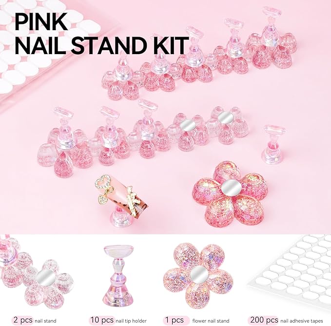 Nail Stand for Press On Fake Nails Painting Display Practice, Powerful Magnetic Nail Holder for Diy Design, Single Flower Nail Stand with 200 PCS Double-Sided Tapes, Nail Tools for Home Salon