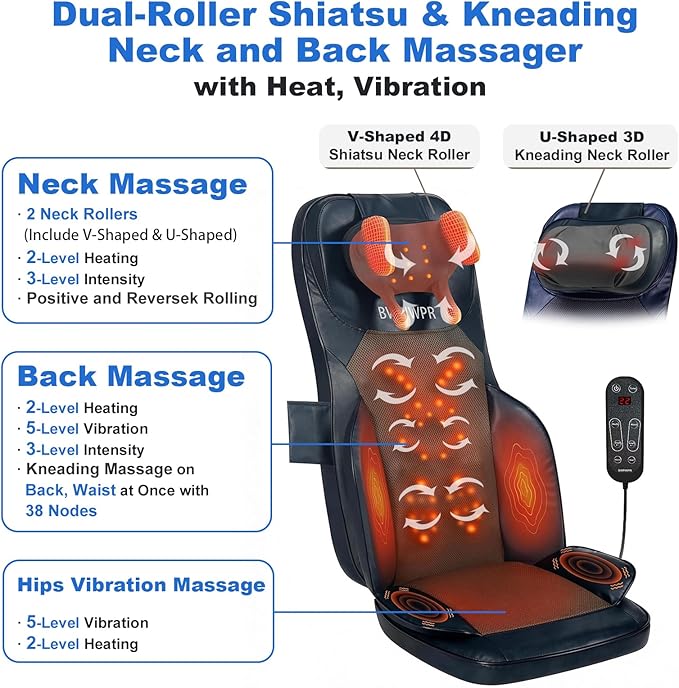 Shiatsu Massage Cushion for Neck and Back with Heat - 4D Kneading, Vibration for Relief Muscle Tension, Dual-Neck Design, Adjustable Intensity and Height for Office Chair, Home Use, Navy Blue