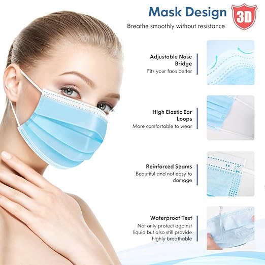 Disposable Face Mask Adult Blue Breathable Mask with Nose Clip Ear Loop 100 Pack