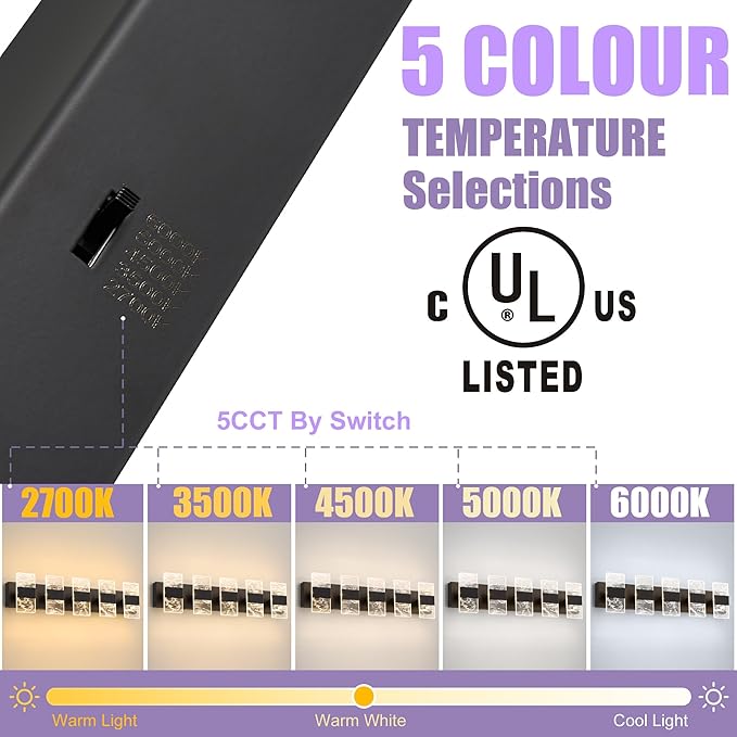 Modern LED Bathroom Light Fixtures Dimmable 5-Light Black Vanity Light,5CCT Adjustable Lighting Fixture Vanity Lights Over Mirror, Smoked Acrylic LED Vanity Lights for Bathroom