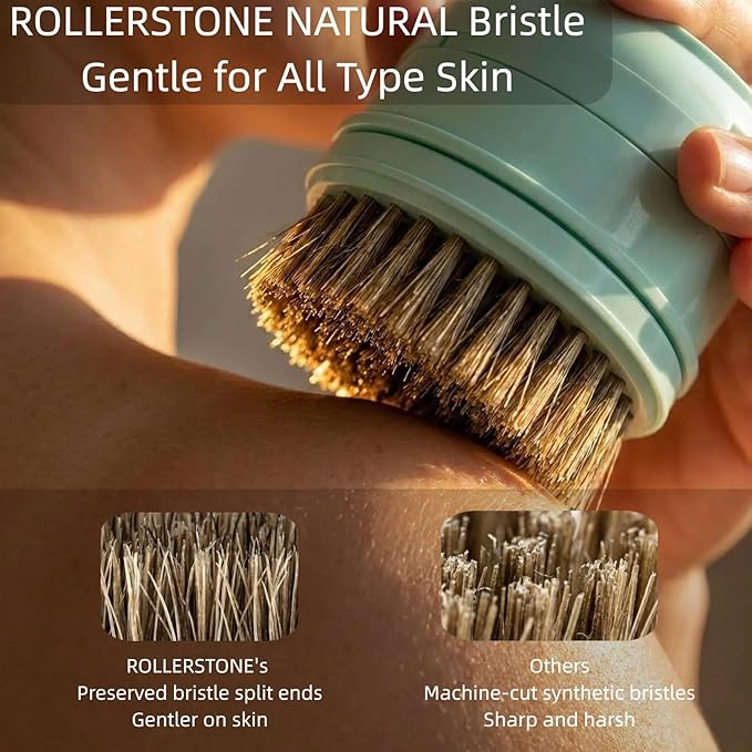 Electric Dry Brushing Body Brush for Lymphatic Drainage: Natural Bristle 5-in-1 Dry Brush with Handle for Cellulite, Exfoliating, Waterproof Back Shower Scrubber for Men/Women
