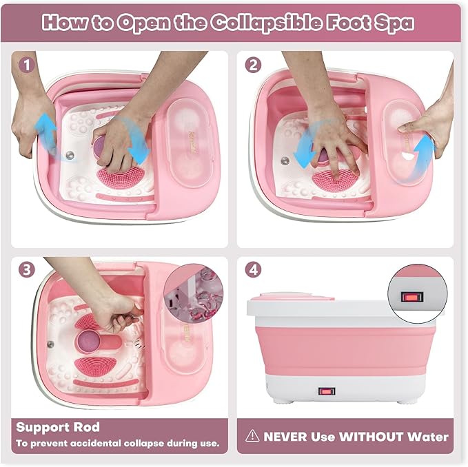 Collapsible Foot Spa Bath Massager with Heat, Remote, Temperature Control, Timer, Foot Soaking Tub with Pedicure Kit & 3 Attachments, Pedicure Foot Spa for After Work Relaxation (Pink)