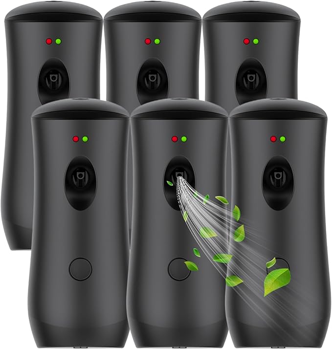 Automatic Air Freshener Spray Dispenser (6-Pack), Free Standing or Wall Mounted Adjustable Aromatherapy Machines for Home, Indoor, Bathrooms, Offices, Hotels and Commercial Places (Black,001)
