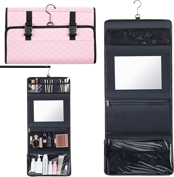 Travel Hanging Toiletry Bag with Mirror Leather Travel Hanging Mirror Foldable Dance Competition Makeup Bag Backstage Cosmetic Organizer for Traveling Dancers Spa(Classic,Pink)