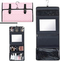 Travel Hanging Toiletry Bag with Mirror Leather Travel Hanging Mirror Foldable Dance Competition Makeup Bag Backstage Cosmetic Organizer for Traveling Dancers Spa(Classic,Pink)