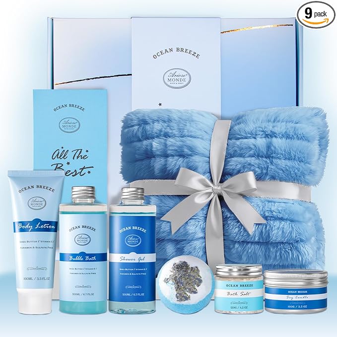 Birthday Gifts for Women & Men, 9Pcs Spa Gifts for Women Self Care Relaxation Bath Set w/ Blanket, Mothers Day Christmas Aniversary Think of You Get Well Soon Care Package for Mom Her Sister Wife