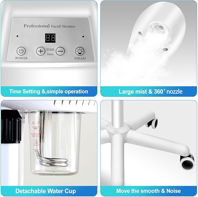 Professional Facial Steamer, Face Steamer on Wheels, SPA Ozone Steamer, Standing Face Steamer for Spa, Salon and at Home Use