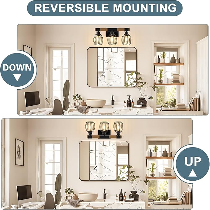 3-Light Farmhouse Bathroom Vanity Light Fixtures, Rustic Wood Bathroom Light Fixtures Over Mirror with Elegant Teardrop Cage, Vintage Black Wall Sconce Lighting for Bedroom Powder Room Kitchen