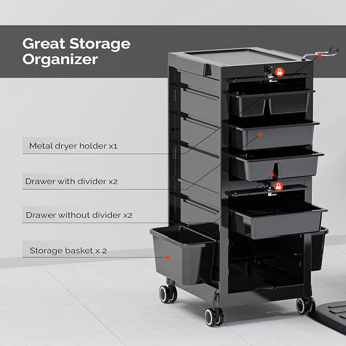 OmySalon Salon Trolley Cart, Hair Stylist Station with 2 Lockable Doors, Rolling Hair Cart Organizer with Drawers & Bucket & Dryer Holder, Barber Shop Hairdressing Beauty Tattoo Versatile Equipment