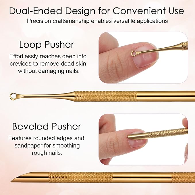 100/180 Grit Sandpaper Sheets Dual Ended Nail Cuticle Pusher, Cuticle File Stainless Steel Nail Pusher Russian Prep Nails Pushers Self-Adhesive Sandpaper for Manicure Pedicure Nails Care Tools, Gold