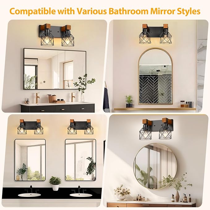 2-Light Farmhouse Bathroom Light Fixtures Over Mirror, Rustic Wood Vanity Lights for Bathroom, Vintage Black Sconces Wall Lighting with Metal Shade for Living Room, Cabinet, Hallway