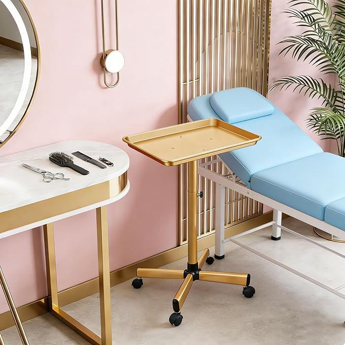 Salon Rolling Tray, Height Adjustable Tattoo Tray Rolling Cart, Storage Utility Trolley for Spa, Beauty Salon Service, Hairdresser Cart with Wheels, Black (Gold)