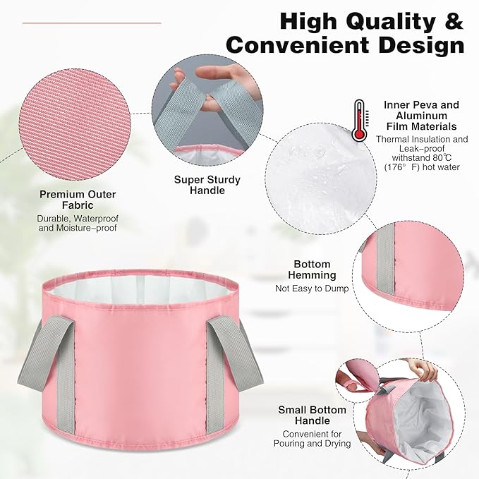 Maxcheck 14L 6 Pcs Pink Collapsible Foot Basin Tub Portable Soaking Feet Bath Bag Foldable Bucket with Handles Pedicure Foot Spa Tub for Travel Camping Outdoor Washing