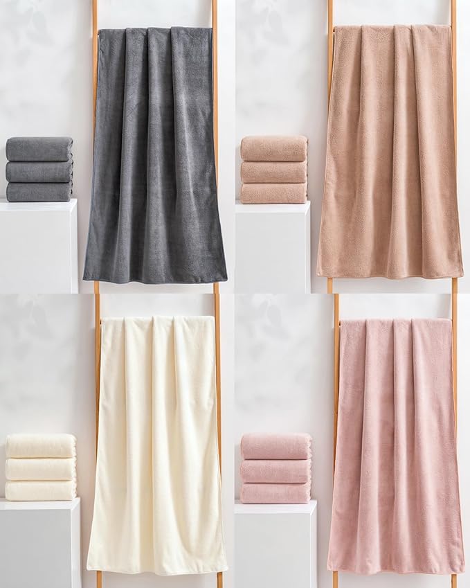 sakano Quick-Drying Microfiber Towel Set - 4-Piece Mixed Color Bath Towel Set, Highly Absorbent, Lint Free Design for Bath, Beach, and Gym -Pink+White+Khaki+Dark Gray, 28 x 55 inches