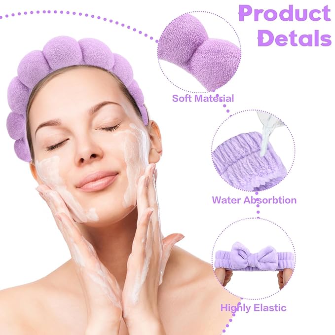 Purple Spa Headband and Wristband Set, 6 PCS Microfiber Skincare Hair Band with Bow & Cloud Design, Soft Elastic Face Washing Accessories for Makeup, Shower Routine