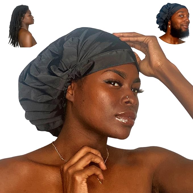 TTAT Shower Cap Extra Large for Men & Women With Braids, Locs, Afro, Coily, and Long Hair, Waterproof, Washable, Reusable & Adjustable, Great for Home, Spa, Self Care, Hotel & Salon (Black)