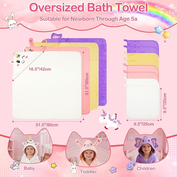OFUSUY 12 PCS Baby Towels, 4 PCS Soft Hooded Baby Towels & 8 PCS Washcloths, Baby Bath Towels for Newborns, Infants & Toddlers- Coral Fleece, Soft & Ultra Absorbent, Cute Towel Gift for Girls & Boys